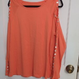 Soft Surroundings Sz L Orange Long Sleeve Asymmetrical Top with Button Accents